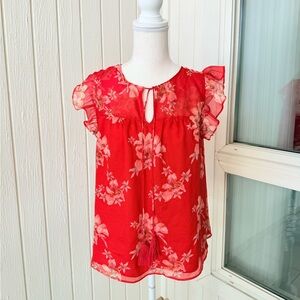 CeCe Red Floral Ruffle Sleeve Blouse Size Small